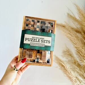 NEW WEST ELM Brown Tan Handcrafted Hand Wood Wooden Mini Puzzle Box Gift Set 6
